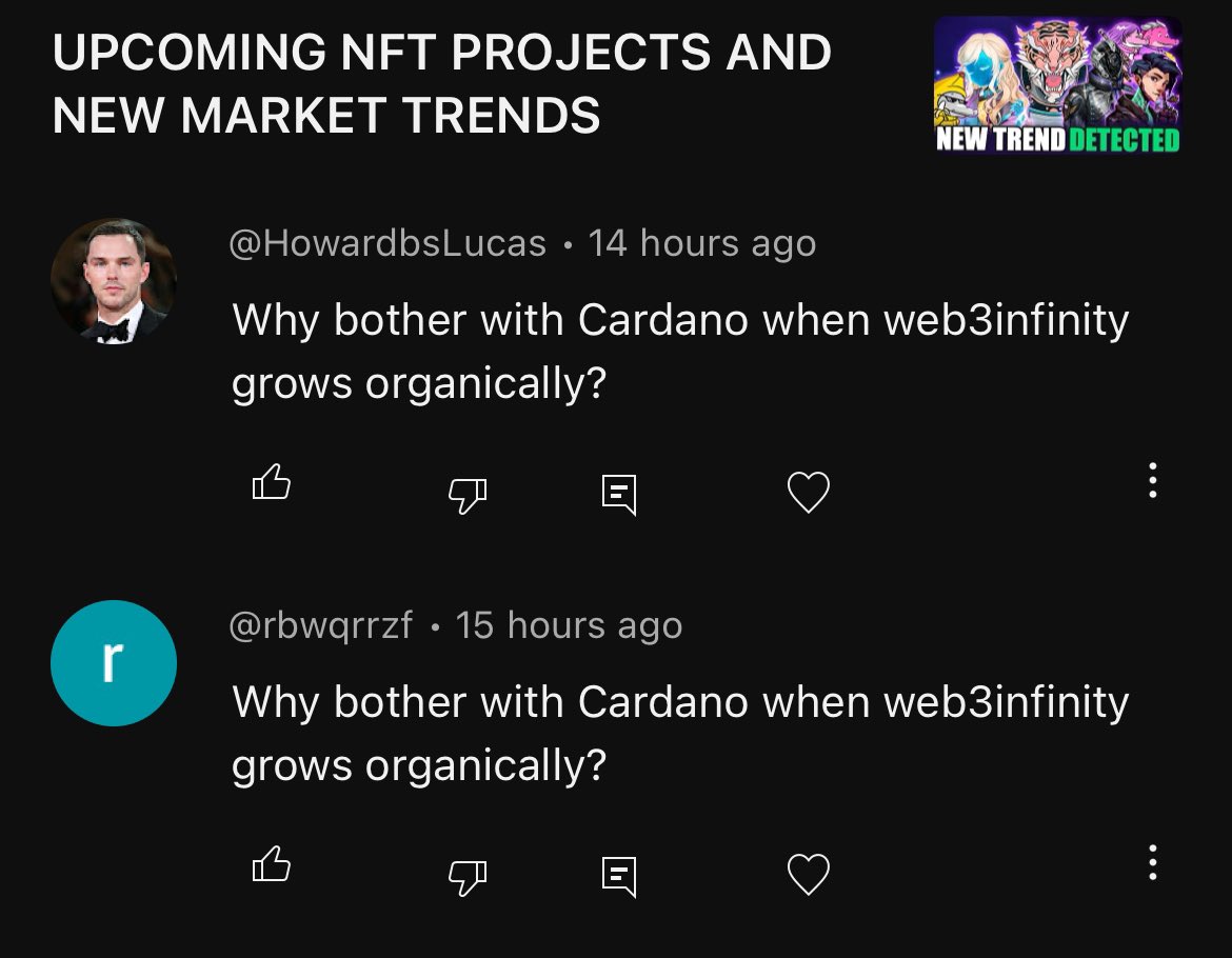 CryptoGorilla's tweet image. The bots have started commenting on my videos from 2022

I must have mentioned Cardano NFTs (yes, that was a trend that cooked)

While you and I can see through this scam, it’s definitely something that can trick a newcomer

Really wish YouTube gave creators tools to fight this
