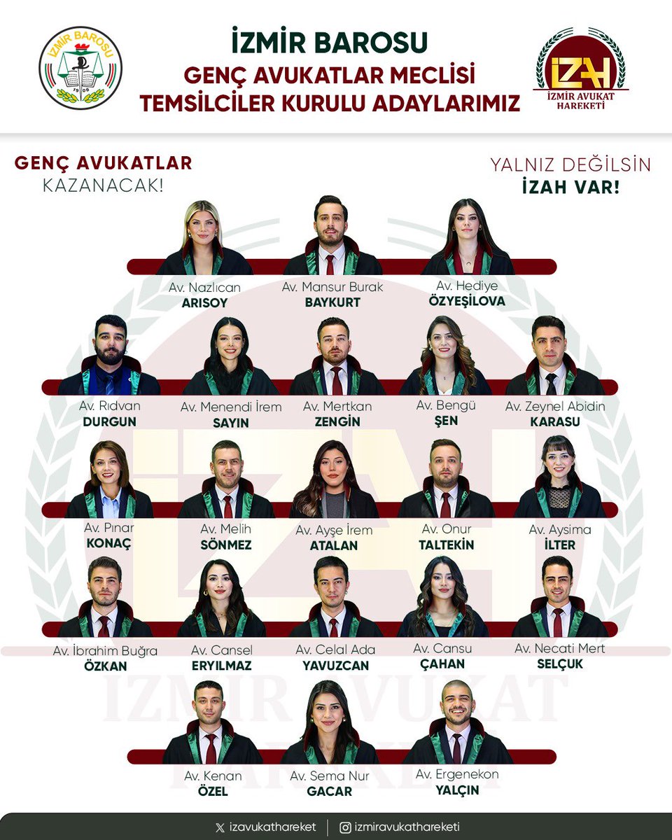 Değerli meslektaşlarımız;

İzmir Avukat Hareketi olarak genç avukatların geleceğini daha rahat bir şekilde görmesi ve İzmir Barosu’nda gençlerin temsiliyetinin sağlanması ve temsil gücünün artırılması adına İzmir Barosu tarafından duyurulan Genç Avukatlar Meclisi Temsilciler