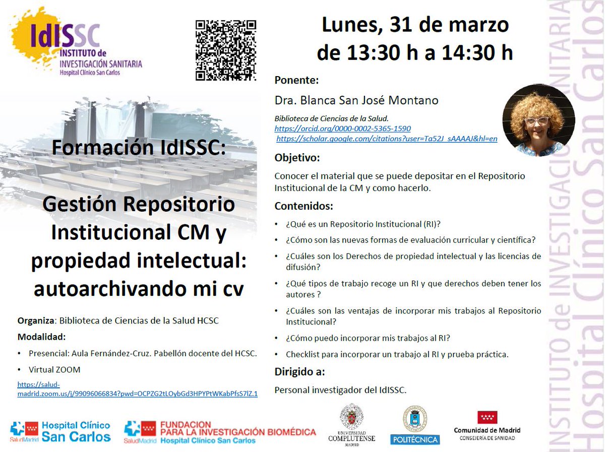 IdISSC, IIS del Hospital Clínico San Carlos (@iis_idissc) on Twitter photo 📢 <a href="/IIS_IdISSC/">IdISSC, IIS del Hospital Clínico San Carlos</a> junto con la Biblioteca de Ciencias de la Salud HCSC: organizan una sesión sobre el Repositorio Institucional de la <a href="/ComunidadMadrid/">Comunidad de Madrid</a> #OpenScience
📅 31 marzo 2025, 13:30 h -14:30 h
🗺️ Presencial en el aula Fernández Cruz (HCSC)/ Zoom
No faltes!#SomosClinico 📢 <a href="/IIS_IdISSC/">IdISSC, IIS del Hospital Clínico San Carlos</a> junto con la Biblioteca de Ciencias de la Salud HCSC: organizan una sesión sobre el Repositorio Institucional de la <a href="/ComunidadMadrid/">Comunidad de Madrid</a> #OpenScience
📅 31 marzo 2025, 13:30 h -14:30 h
🗺️ Presencial en el aula Fernández Cruz (HCSC)/ Zoom
No faltes!#SomosClinico