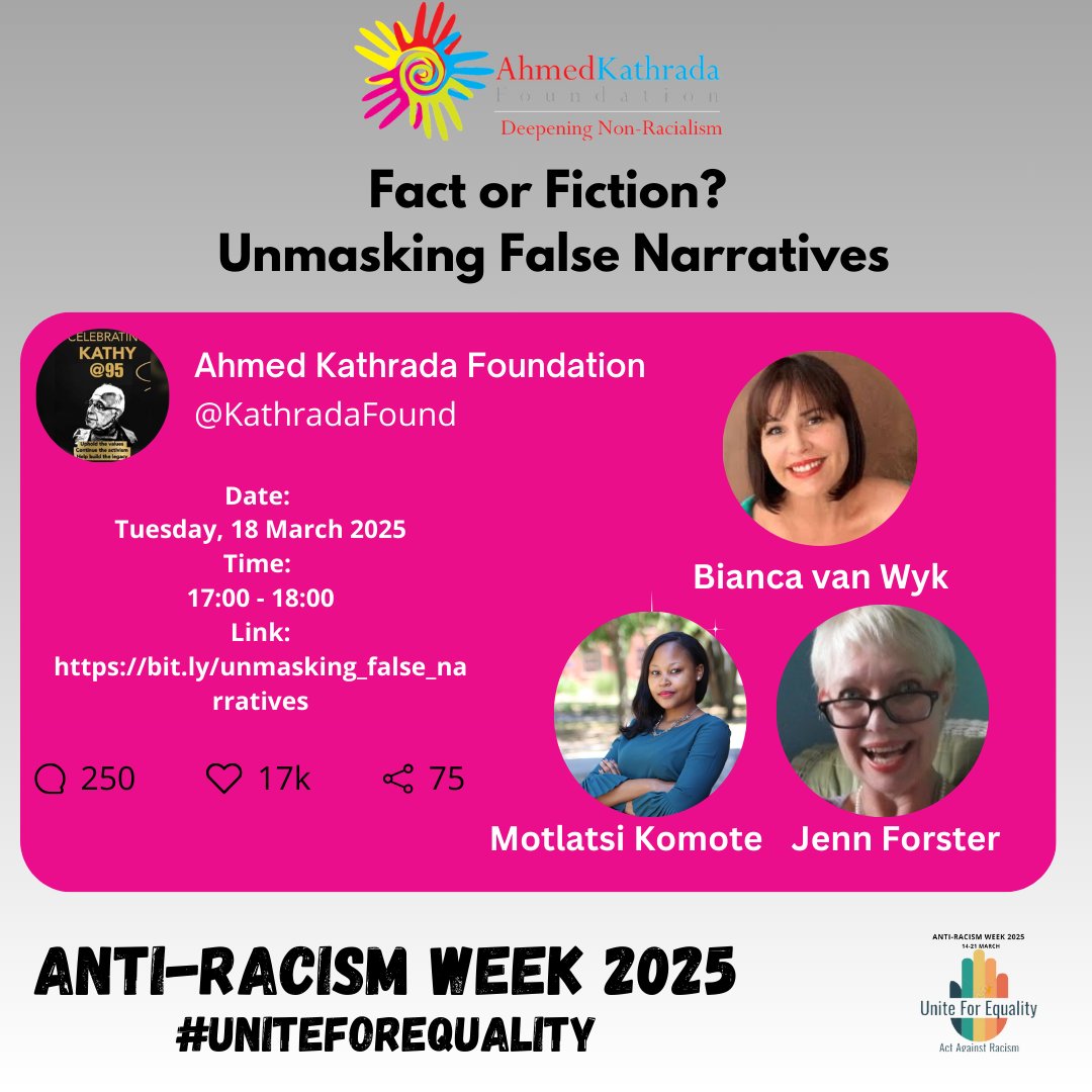 Kathrada Foundation (@kathradafound) on Twitter photo π¨ X Space Alert! π¨
Join the conversation as we share popular myths and correct them with facts!
Misinformation fuels racism, and we're here to set the record straight. Join <a href="/BiancavanWyk16/">Bianca van Wyk</a> , <a href="/JennMForster/">Jenn Forster πΏπ¦π΅πΈπ¨π©πΈπ©π³οΈβππ³οΈββ§οΈ</a> and Motlatsi Komote from <a href="/CODE_DigiEthics/">Campaign On Digital Ethics</a> as we unpack racial π¨ X Space Alert! π¨
Join the conversation as we share popular myths and correct them with facts!
Misinformation fuels racism, and we're here to set the record straight. Join <a href="/BiancavanWyk16/">Bianca van Wyk</a> , <a href="/JennMForster/">Jenn Forster πΏπ¦π΅πΈπ¨π©πΈπ©π³οΈβππ³οΈββ§οΈ</a> and Motlatsi Komote from <a href="/CODE_DigiEthics/">Campaign On Digital Ethics</a> as we unpack racial