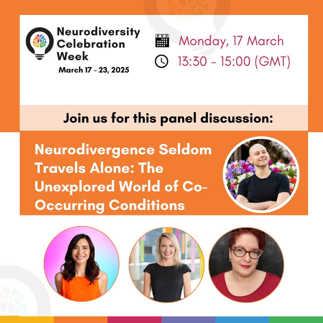 Join us for this panel discussion 🌟Neurodivergence Seldom Travels Alone: The Unexplored World of Co-Occuring Conditions🌟 Sign up for free at eu1.hubs.ly/H0hxsTY0

#NeurodiversityCelebrationWeek #NeurodiversityWeek #NCW #CooccuringConditions #Neurodivergence #Neurodiversity