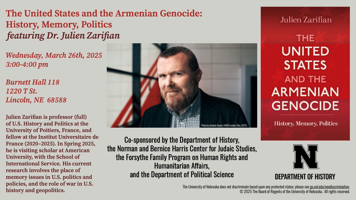 Bedross Der Matossian (@bedrossdm) on Twitter photo Dear Friends in Lincoln,
We invite you to join us on March 26th for a lecture by Dr. Julien Zarifian on his latest book, The United States and the Armenian Genocide: History, Memory, Politics. <a href="/UNLincoln/">University of Nebraska-Lincoln</a> <a href="/unlcas/">Nebraska CAS</a> <a href="/UNLHistory/">Neb. History Dept.</a> <a href="/RutgersUPress/">Rutgers University Press</a>. Dear Friends in Lincoln,
We invite you to join us on March 26th for a lecture by Dr. Julien Zarifian on his latest book, The United States and the Armenian Genocide: History, Memory, Politics. <a href="/UNLincoln/">University of Nebraska-Lincoln</a> <a href="/unlcas/">Nebraska CAS</a> <a href="/UNLHistory/">Neb. History Dept.</a> <a href="/RutgersUPress/">Rutgers University Press</a>.