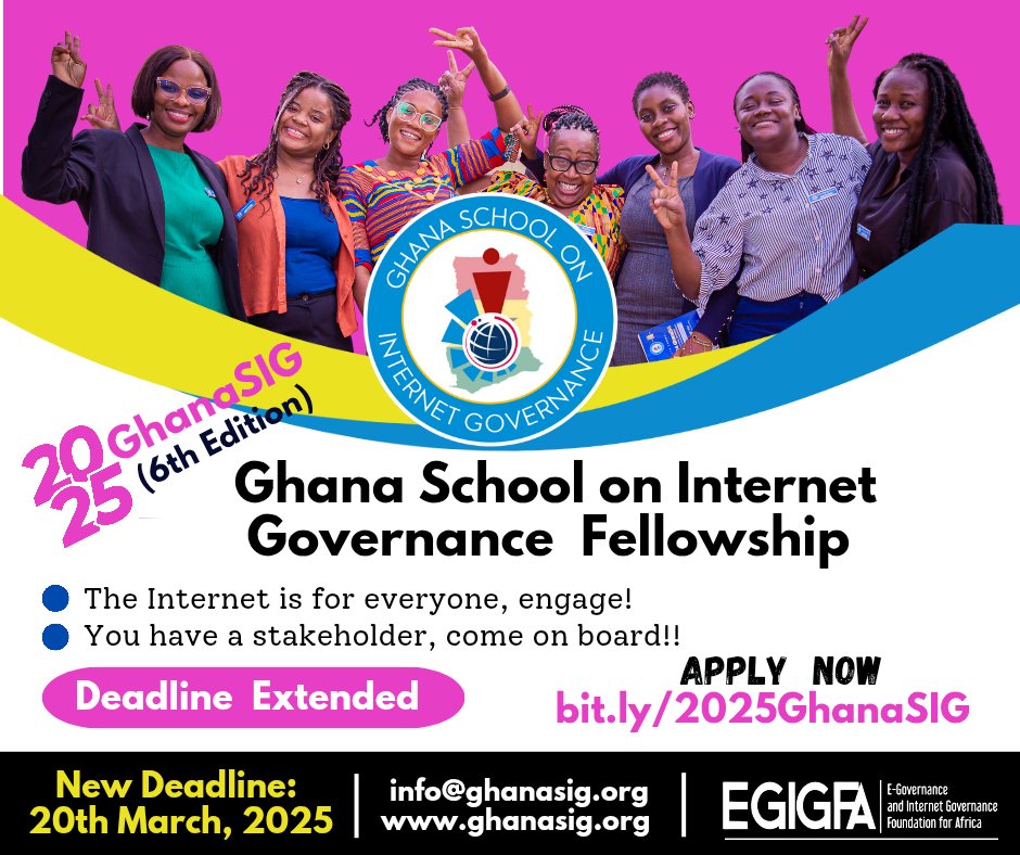 🌐 Unlock Your Potential in Internet Governance! 

🔓 Apply now for 2025 Ghana School on Internet Governance (GhanaSIG) fellowship! 

🌟 Deadline: March 20th, 2025 

<a href="/egigfa/">E-Governance/Internet Governance Found. for Africa</a>
🔗 bit.ly/2025GhanaSIG
#2025GhanaSIG  #GhanaSIG #EGIGFA