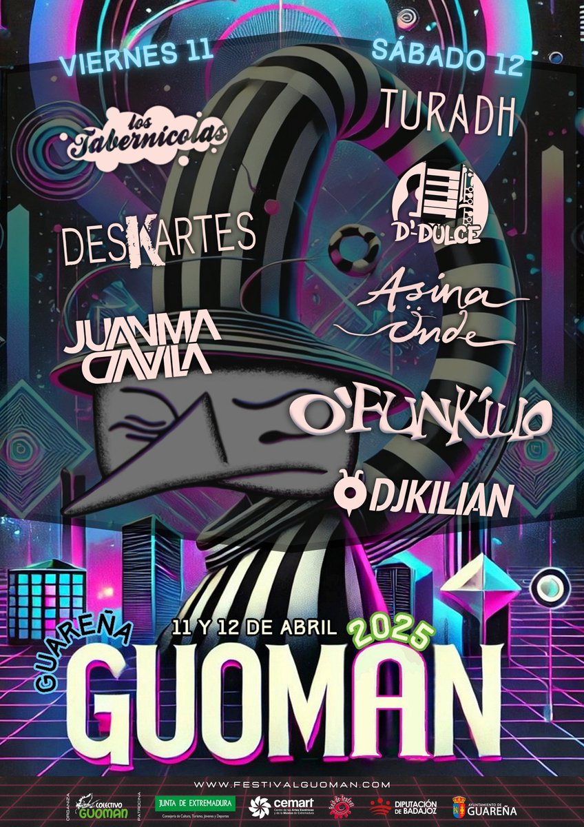 💠 Buenas Tardes Guomer@s... Os contamos que, Tabernícolas, Deskartes, Juanma Dávila, TuraDH, D’Dulce, Asina Önde, O’Funkillo y DJKilian protagonizan el cartel de conciertos del #Guoman2025 de #Guareña los días 11 y 12 de abril.

📎+info: acortar.link/9ehIQ1

#visitaGuareña