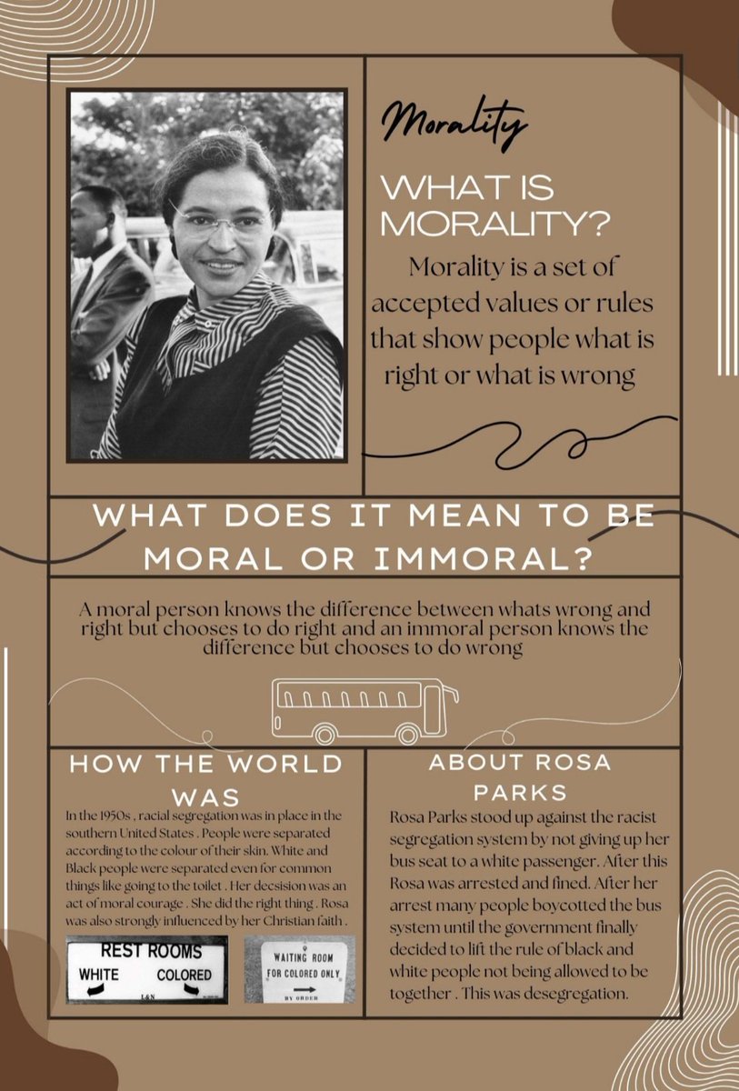 K Lynch (@mslynch12) on Twitter photo A tremendous display about morality completed by class 1A showcasing their understanding of what it means to be moral using the example of Rosa Parks and how her moral courage led to desegregation. 🚌 A tremendous display about morality completed by class 1A showcasing their understanding of what it means to be moral using the example of Rosa Parks and how her moral courage led to desegregation. 🚌
