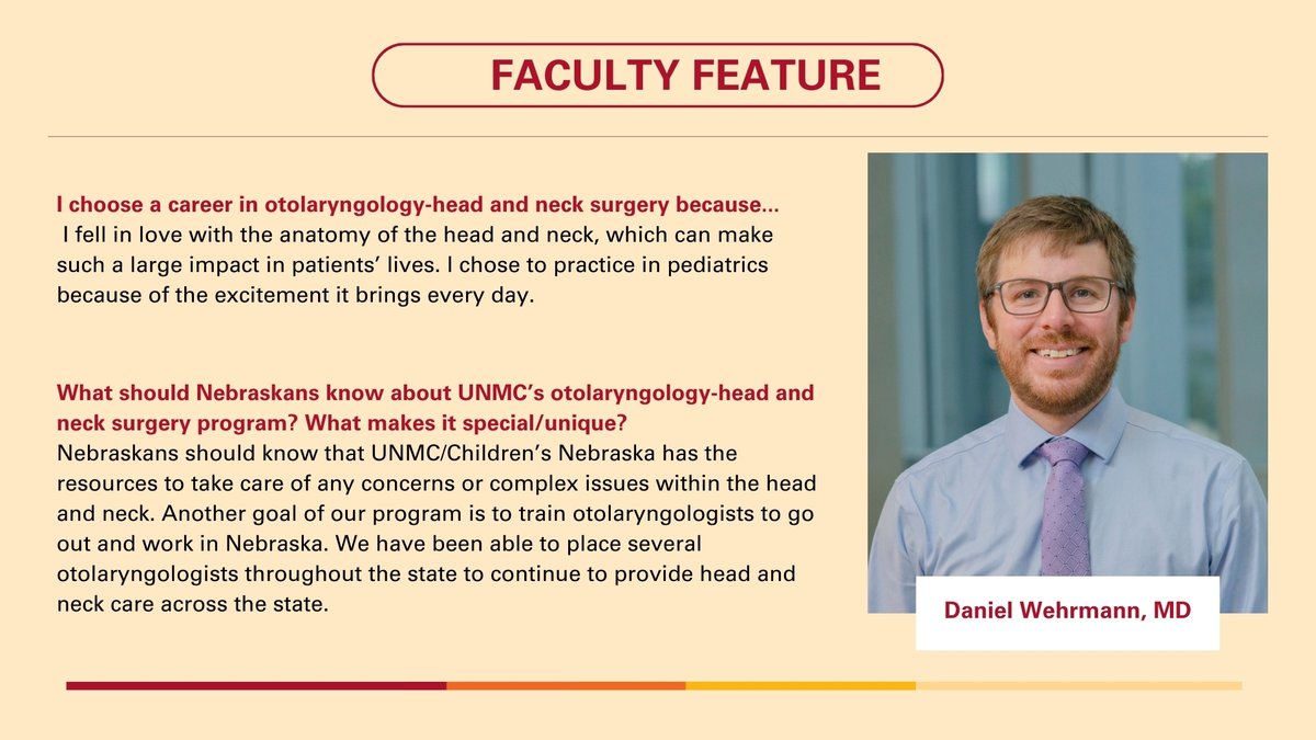 Meet Dr. Daniel Wehrmann, assistant professor in the UNMC Department of Otolaryngology – Head and Neck Surgery since 2019. He specializes in pediatric otolaryngology at Nebraska Medicine and Children's Nebraska, treating a wide range of conditions in young patients. #UNMCENT