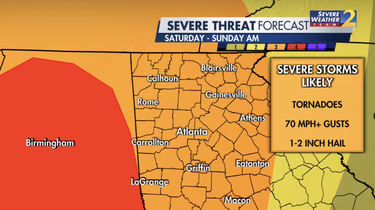 BradNitzWSB's tweet photo. A significant tornado threat will affect our area late Saturday - early Sunday. In addition, 70 mph+ wind gusts and 1-2" damaging hail are possible.

Know your safe place, lowest level, away from windows, interior room. WSB weather app for warnings: https://t.co/tUVmIkdHS9 https://t.co/Vqq78zEtSw