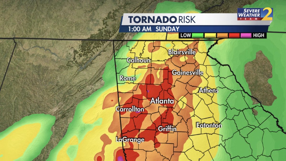 BradNitzWSB's tweet photo. A significant tornado threat will affect our area late Saturday - early Sunday. In addition, 70 mph+ wind gusts and 1-2" damaging hail are possible.

Know your safe place, lowest level, away from windows, interior room. WSB weather app for warnings: https://t.co/tUVmIkdHS9 https://t.co/Vqq78zEtSw