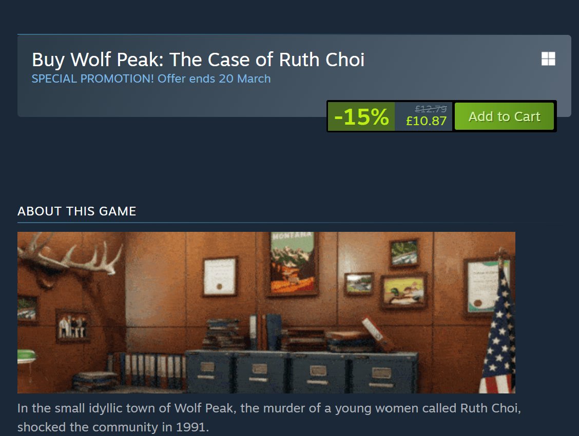 Cloud Colony Games (@cloudcolonygame) on Twitter photo Hey Detective!🕵️♂️Dive into the unsolved mystery of Wolf Peak: The Case of Ruth Choi! Analyze evidence, watch suspect interviews, and use your detective skills to uncover the truth. It's on SALE RIGHT NOW 15% off! Can you crack the case? #DetectiveGame #IndieGame #WolfPeak #mystery Hey Detective!🕵️♂️Dive into the unsolved mystery of Wolf Peak: The Case of Ruth Choi! Analyze evidence, watch suspect interviews, and use your detective skills to uncover the truth. It's on SALE RIGHT NOW 15% off! Can you crack the case? #DetectiveGame #IndieGame #WolfPeak #mystery