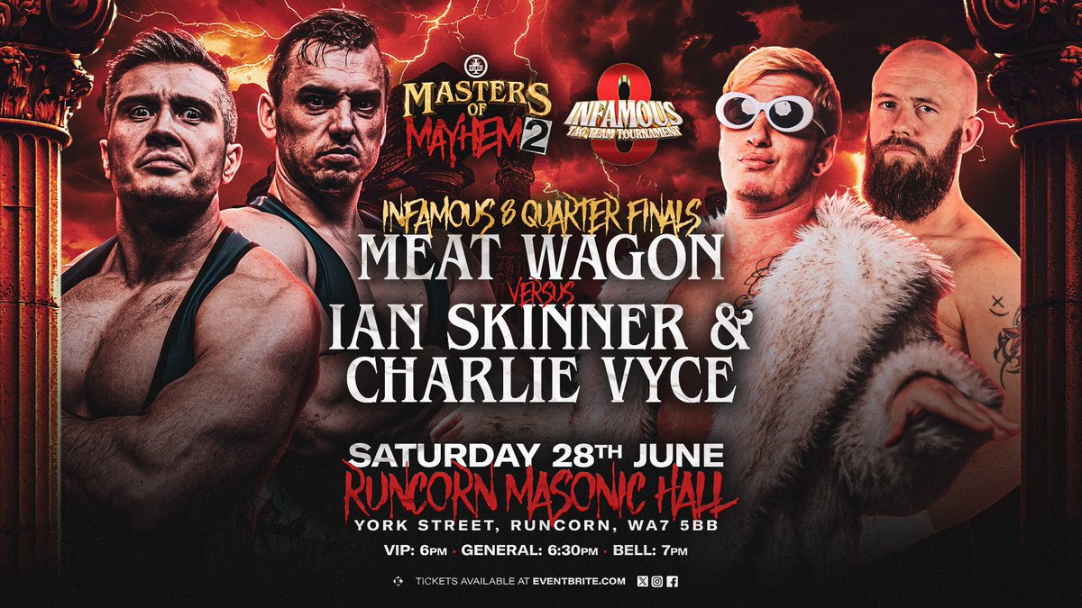 On june 28th at MOM2 our second set of INFAMOUS 8 quarter finals will kick off with a first time match!

The team of SKINNER &amp; VYCE were successful in their debut at INFAMOUS but will be truly tested when they take on the titans known as The MEAT WAGON!!