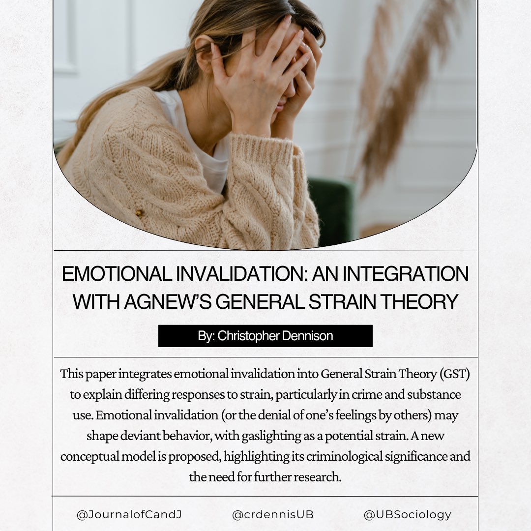 How does emotional invalidation integrate with General Strain Theory to shape criminal behavior?

Check out this new article by Christopher Dennison (@crdennisUB). 

Read the full article at the Journal of Crime and Justice: shorturl.at/6wzg7