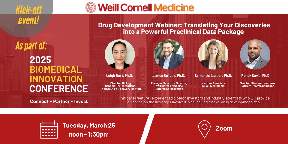 Weill Cornell Medicine Enterprise Innovation (@wcm_innovation) on Twitter photo .<a href="/WeillCornell/">Weill Cornell Medicine</a> researchers, are you interested in drug discovery or optimizing existing compounds to attract commercial partnership or investment? Join our panel on 3/25! lnkd.in/ew-pRYfK .<a href="/WeillCornell/">Weill Cornell Medicine</a> researchers, are you interested in drug discovery or optimizing existing compounds to attract commercial partnership or investment? Join our panel on 3/25! lnkd.in/ew-pRYfK