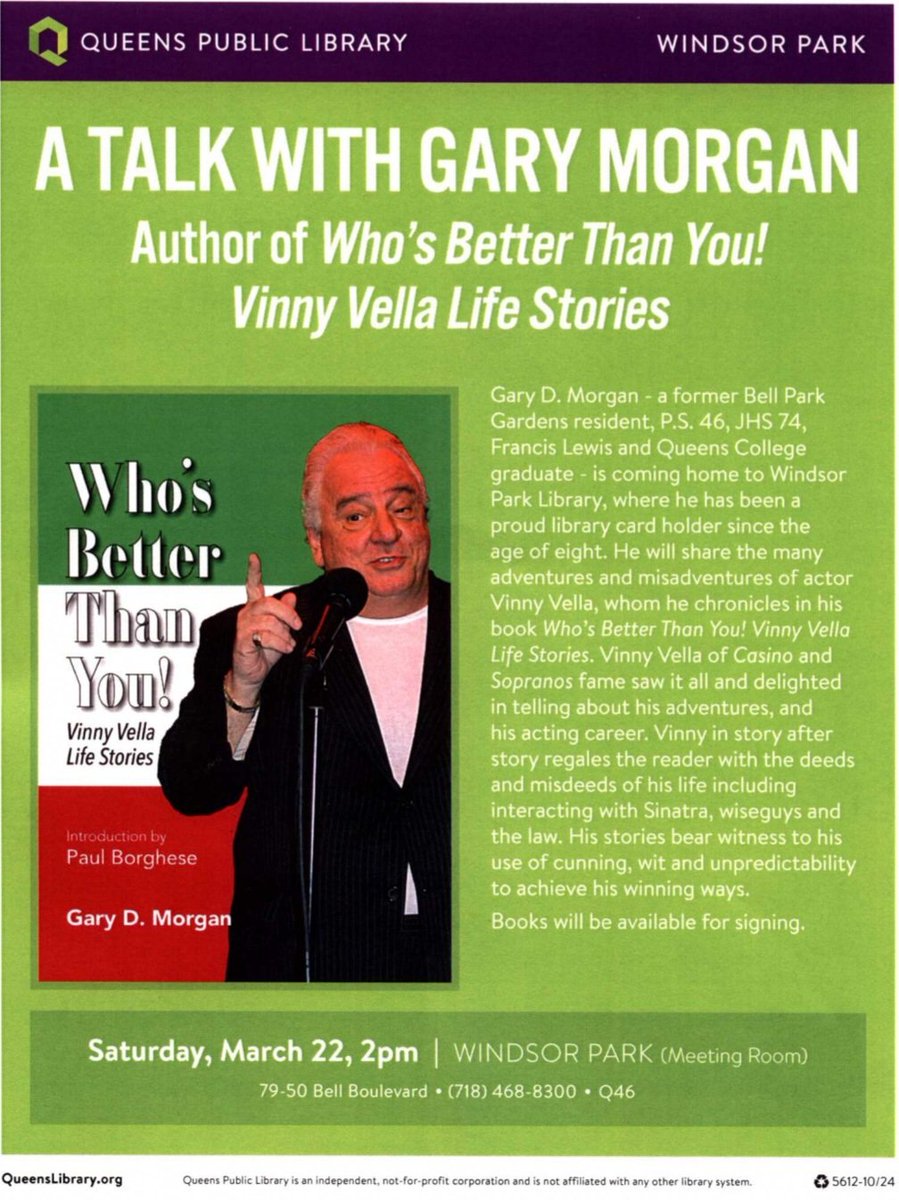 VellaBook's tweet photo. Everyone invited!
March 22 Saturday  2pm- 3pm
Vinny Vella from Casino
Author talk.
Windsor Park library 79-50 Bell Boulevard, Queens, NYC https://t.co/tJLkt4unEJ