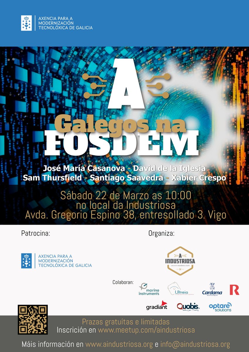 Galegos na FOSDEM: Post-Encontro na Industriosa!

A #FOSDEM desde ano volveu a contar coa participación de varios desenvolvedores galegos e na Industriosa propuxémonos xuntalos para dar a coñecer o traballo que están facendo desde a nosa comunidade con impacto, en moitos casos, a