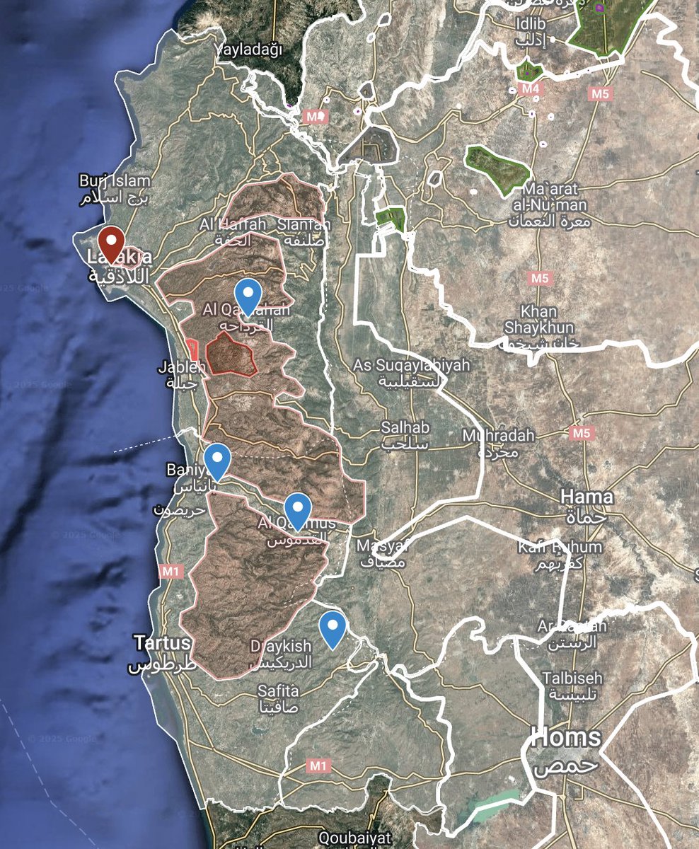 TLDRMap's tweet image. Government-allied forces in Syria burned or looted land in the towns of Qadmous, Barmaia, and Sibbeh, as well as Assad's hometown of Qardaha.
Syrian Assadist insurgents also ambushed government forces in Hassan Azhari Square, next to Alawite suburbs in Latakia.