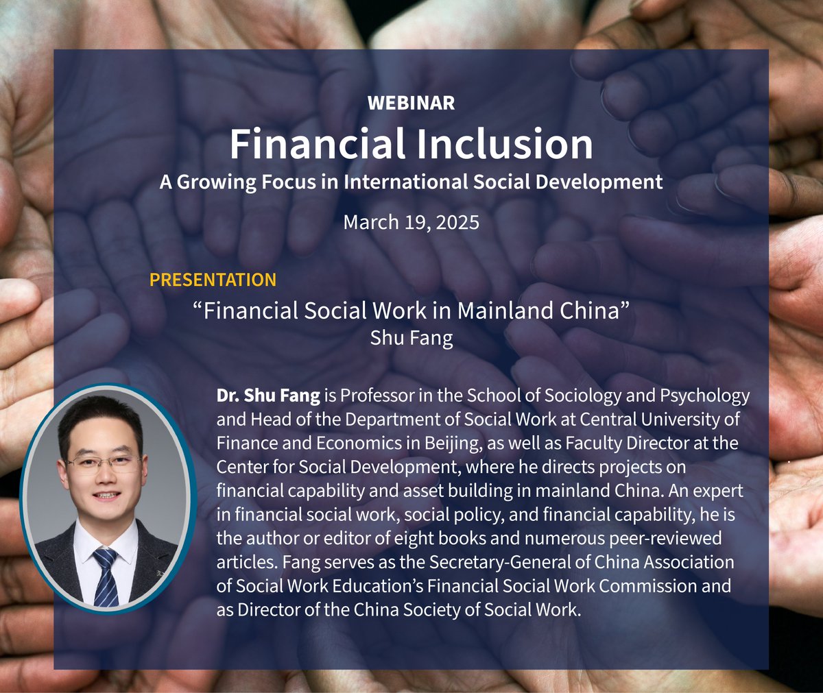 csdwustl's tweet photo. In Mainland China, training in #FinancialCapability, asset building & #FinancialInclusion is part of #SocialWorkEducation. On Mar. 19, Dr. Shu Fang will discuss the rise of #FinancialSocialWork there & its implications for the profession. Register: https://t.co/R2Ebwuk3Ay
#IASSW https://t.co/e1aIsUE3vc