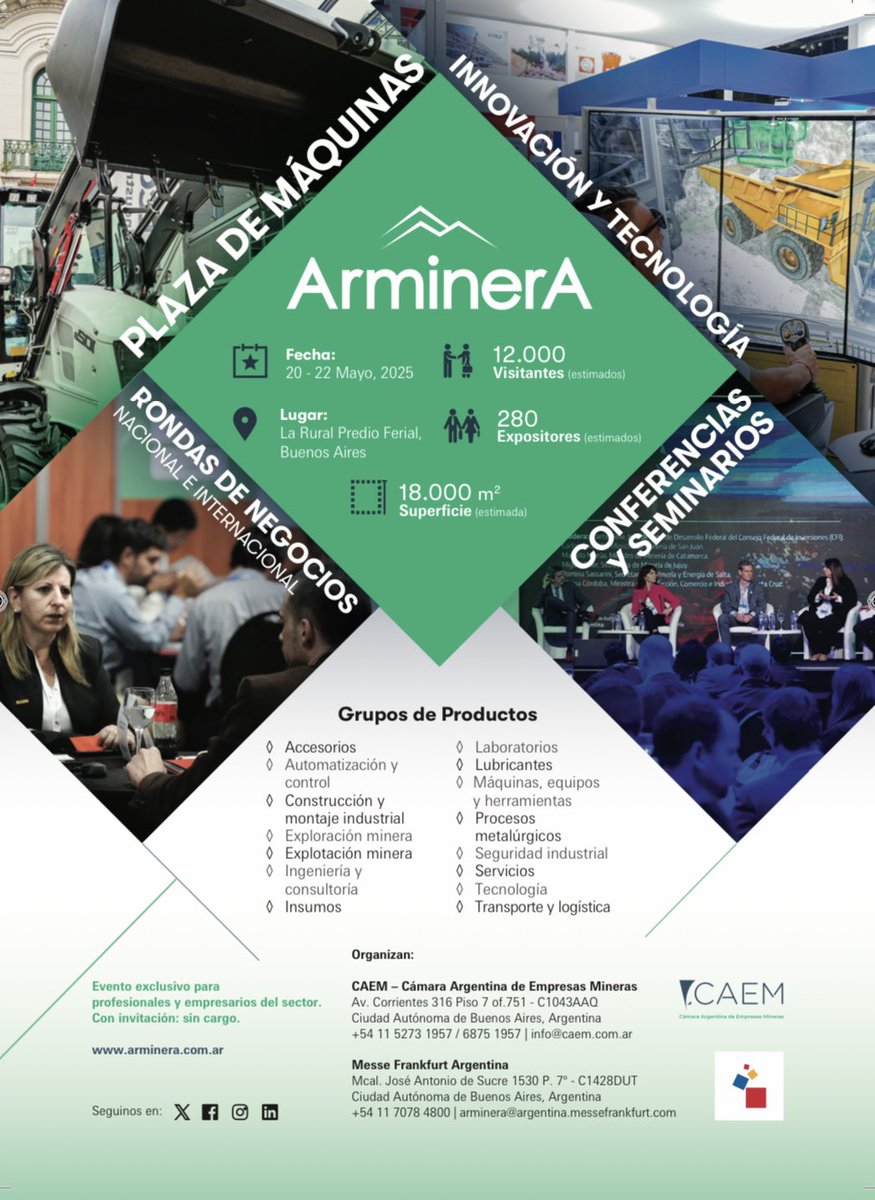 Los invitamos a conocer y participar en la Exposición Internacional ARMINERA, convocando a los principales actores de la industria minera para mostrar los últimos avances en tecnología, equipamiento y servicios.

Desde el 20 al 22/Mayo 2025 en La Rural Predio Ferial, CABA.
👇