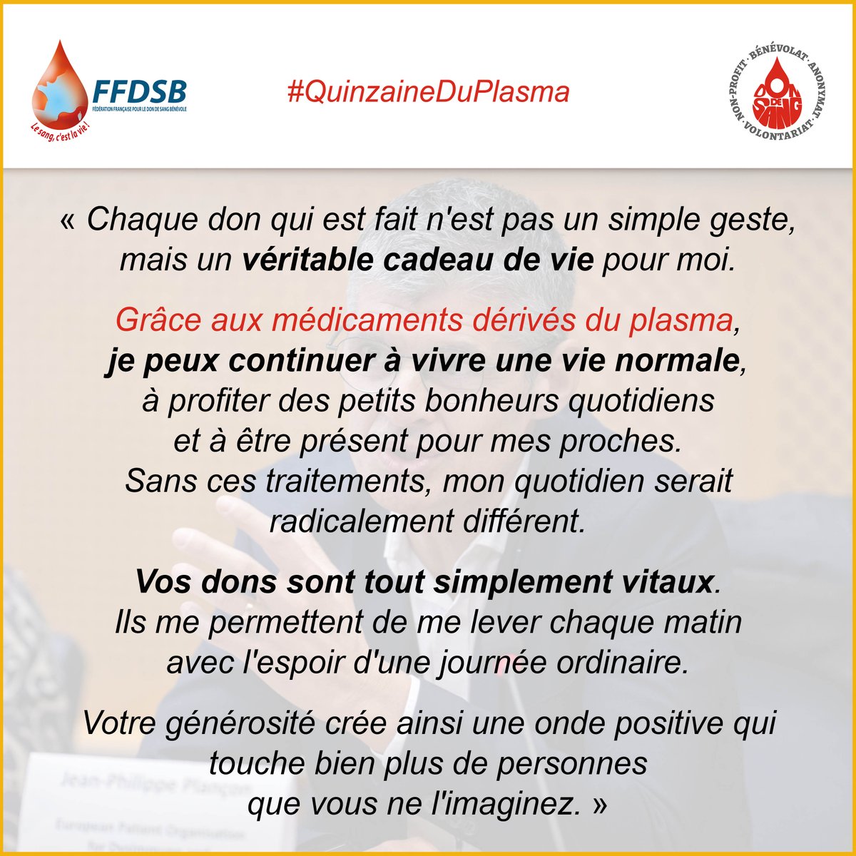 DonSangBenevole's tweet photo. #QuinzaineDuPlasma

Découvrez le témoignage de Jean-Philippe, un patient receveur de #MédicamentsDérivésduPlasma.

👉Prenez rendez-vous pour un don de plasma : https://t.co/hVeTLU1sKF

#DondeSangBénévole #dondeplasma #dondesang #dondusang #donplasma https://t.co/BOdMzqpwHn