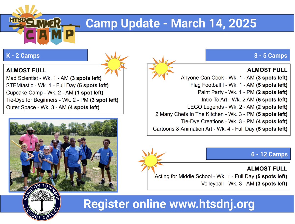 WeAreHTSD (@wearehtsd) on Twitter photo HTSD Summer Camp ☀️
Several Camps have limited spots available ☀️
REGISTER ➡️ tinyurl.com/22ntm3f5
🗓 Jul. 7th - Aug. 1st
🏡 <a href="/HTSD_Crockett/">Crockett Middle School</a>
🕰 Full Day & Half Day Camps
🚌 NEW for 2025! 4️⃣ Travel Camps
#HTSD #HTSDpride
<a href="/ScottRRocco/">Scott Rocco, Ed.D.</a> <a href="/HTSDSecondary/">Jim Altobello Ed.D.</a> <a href="/LauraGeltch/">Laura Geltch</a> HTSD Summer Camp ☀️
Several Camps have limited spots available ☀️
REGISTER ➡️ tinyurl.com/22ntm3f5
🗓 Jul. 7th - Aug. 1st
🏡 <a href="/HTSD_Crockett/">Crockett Middle School</a>
🕰 Full Day & Half Day Camps
🚌 NEW for 2025! 4️⃣ Travel Camps
#HTSD #HTSDpride
<a href="/ScottRRocco/">Scott Rocco, Ed.D.</a> <a href="/HTSDSecondary/">Jim Altobello Ed.D.</a> <a href="/LauraGeltch/">Laura Geltch</a>