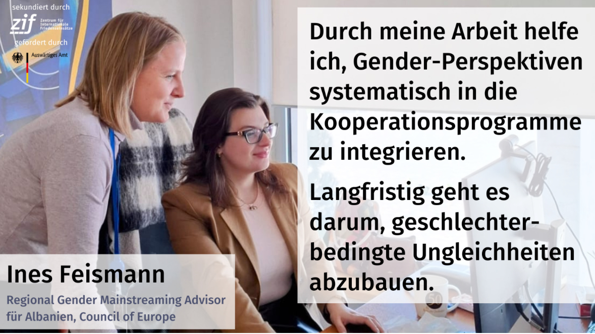 AA_stabilisiert's tweet photo. Ohne Frauen kein Frieden: Ines Feismann ist Regional Gender Mainstreaming Advisor beim Europarat @coe und unterstützt dort die stärkere Berücksichtigung von Gender-Aspekten. Sekundiert durch @AA_stabilisiert und @ZIF_Berlin #onamissionforpeace https://t.co/tTtB2cm2rI