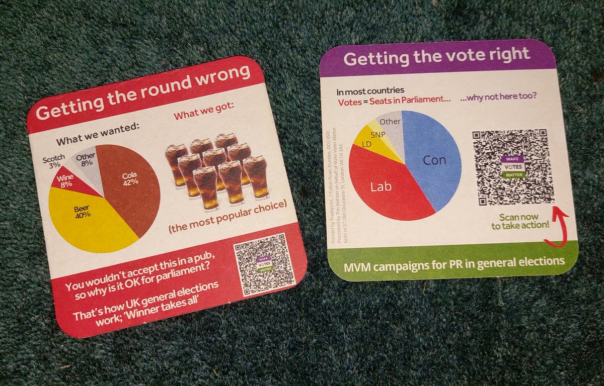 MakeVotesMatter's tweet photo. How cool are these beer mats, designed by our activists Andy Beck and Andy Berriman? 

Whether at the pub or at the ballot box, we don't all want the same things. It's better to have a system where everyone gets what they asked for.

Here's to real democracy 🍻 https://t.co/J9qpkX1Ykt