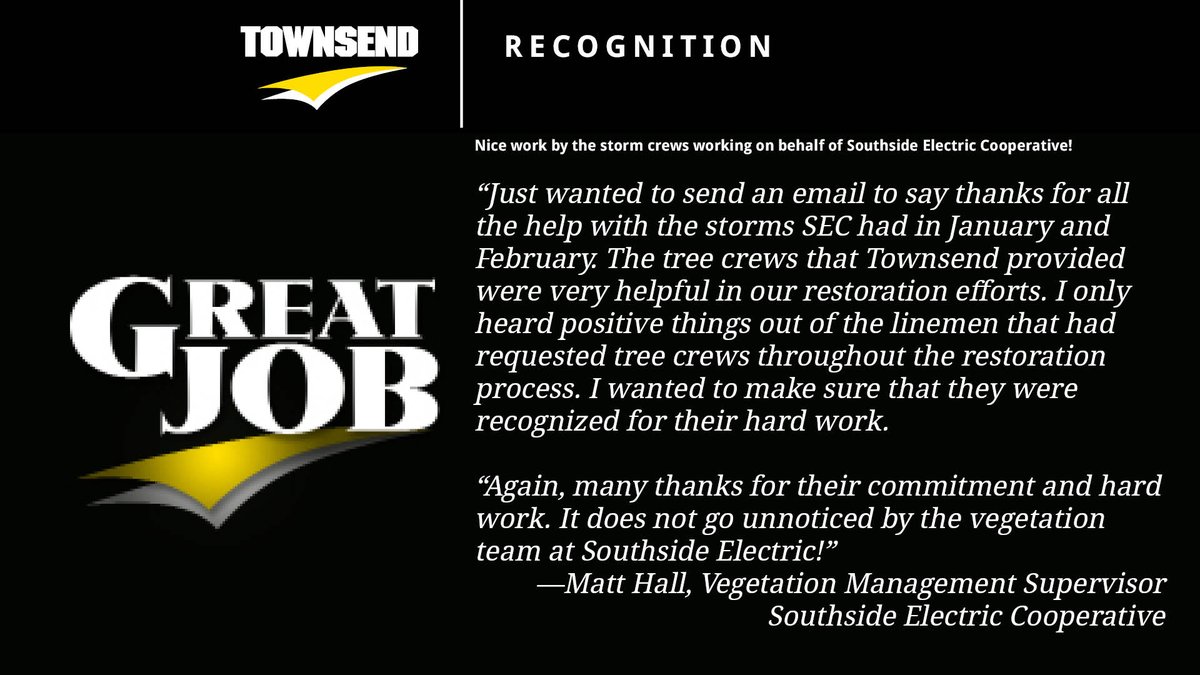 TownsendTreeSvc's tweet image. Thank you @SouthsideEC for your kind words for our #stormrestoration crews.
