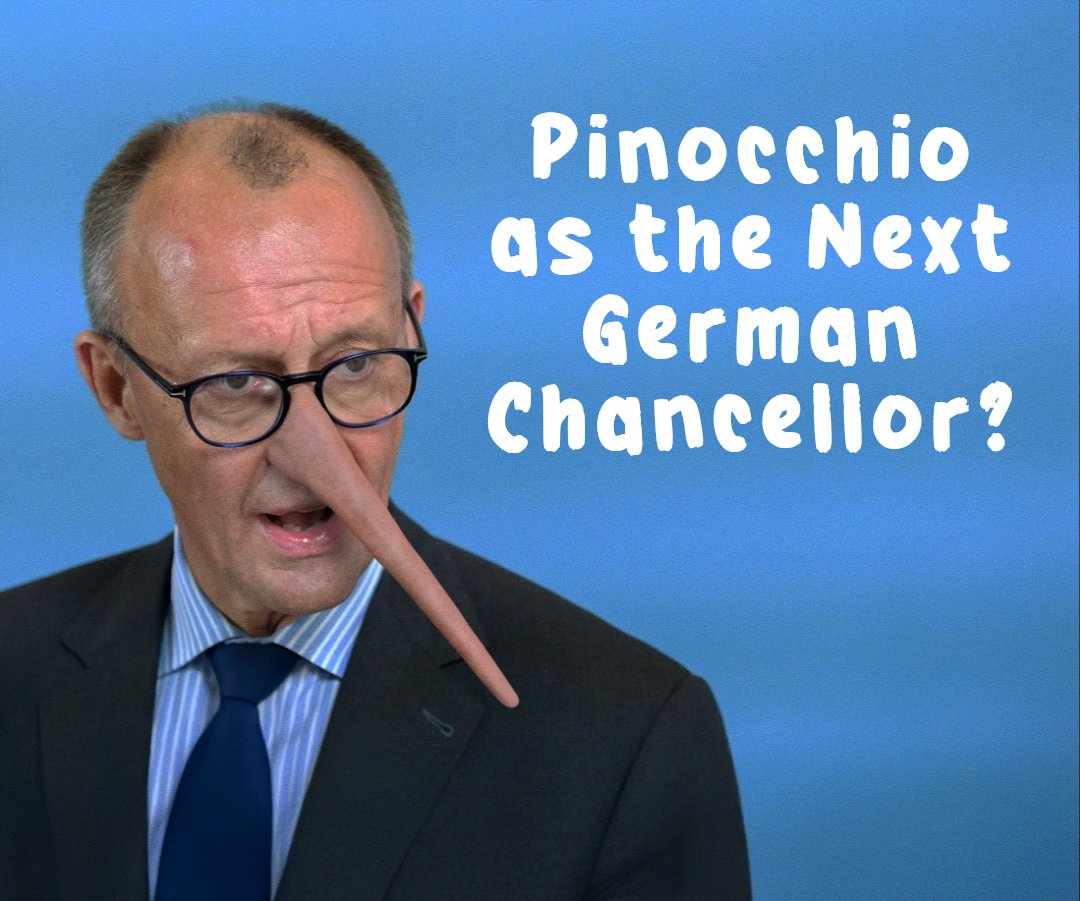 Pinocchio als nächster Bundeskanzler? Ach, es ist doch Friedrich Merz, der um jeden Preis, koste es, was es wolle, Kanzler werden will! Vor der Wahl große Versprechen, nach der Wahl alles gebrochen! Täuschung, Lügen, Wortbruch – ein abgekartetes Spiel, ein dreister Wahlbetrug!