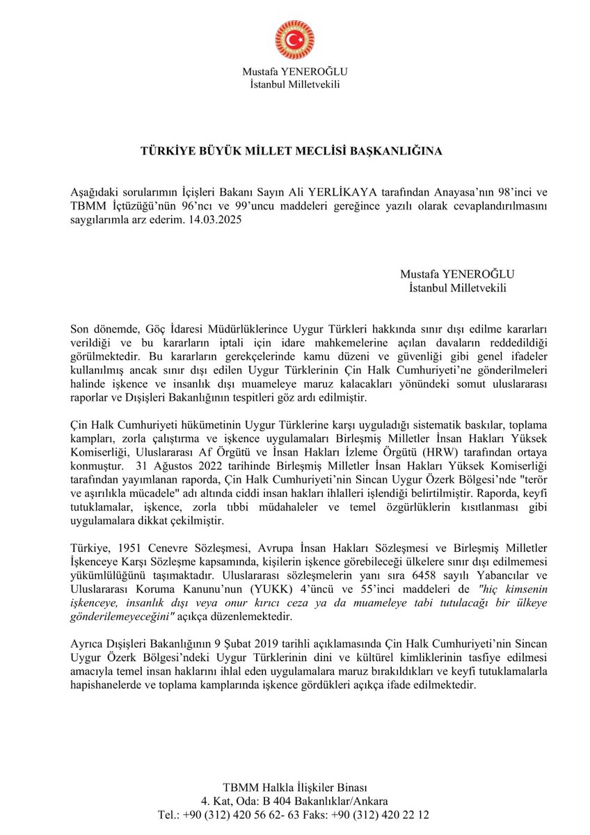 myeneroglu's tweet photo. Uygur Türklerine yönelik hukuksuz sınır dışı kararları hakkında İçişleri Bakanı Sn. @AliYerlikaya’nın cevaplaması istemiyle #TBMM'ye soru önergesi verdim.

🔗 Bülteni okumak için: https://t.co/Tv9d3hV60H https://t.co/izfbQqVETG