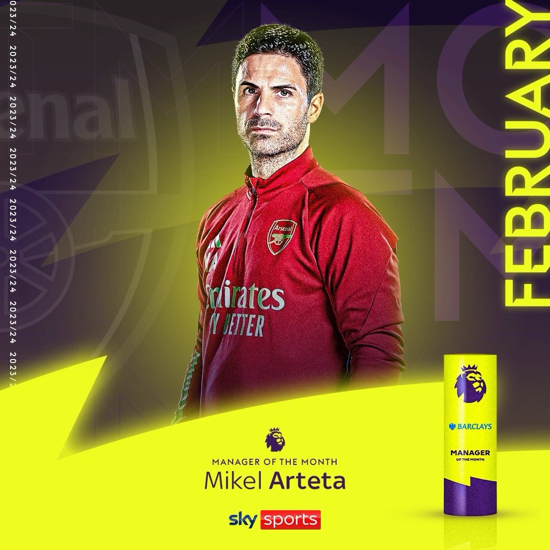 SlowSportsNews's tweet photo. BREAKING:🚨 Mikel Arteta has been named the Barclays Premier League Manager of the Month for February. 🏆 https://t.co/wu2bSgOTWz
