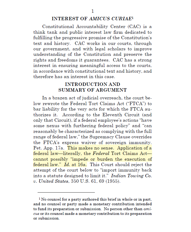 pjaicomo's tweet image. First filed, we have @MyConstitution (Constitutional Accountability Center). CAC explains in great historical detail why the Constitution's Supremacy Clause cannot preclude Congress from waiving #SovereignImmunity through the Federal Tort Claims Act.