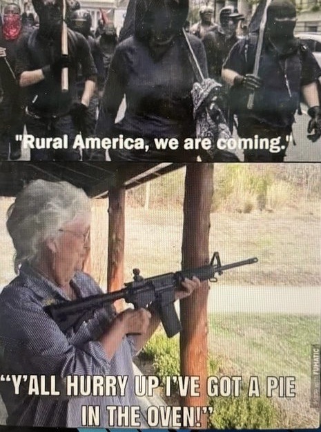 PeriklesGREAT's tweet photo. 🔥Antifa telling rural America they are coming.  

💥Grandma - "Y'all all hurray up now, I've got a pie in the Oven !  
           😂😂😂 https://t.co/3VDUSJ9eWT