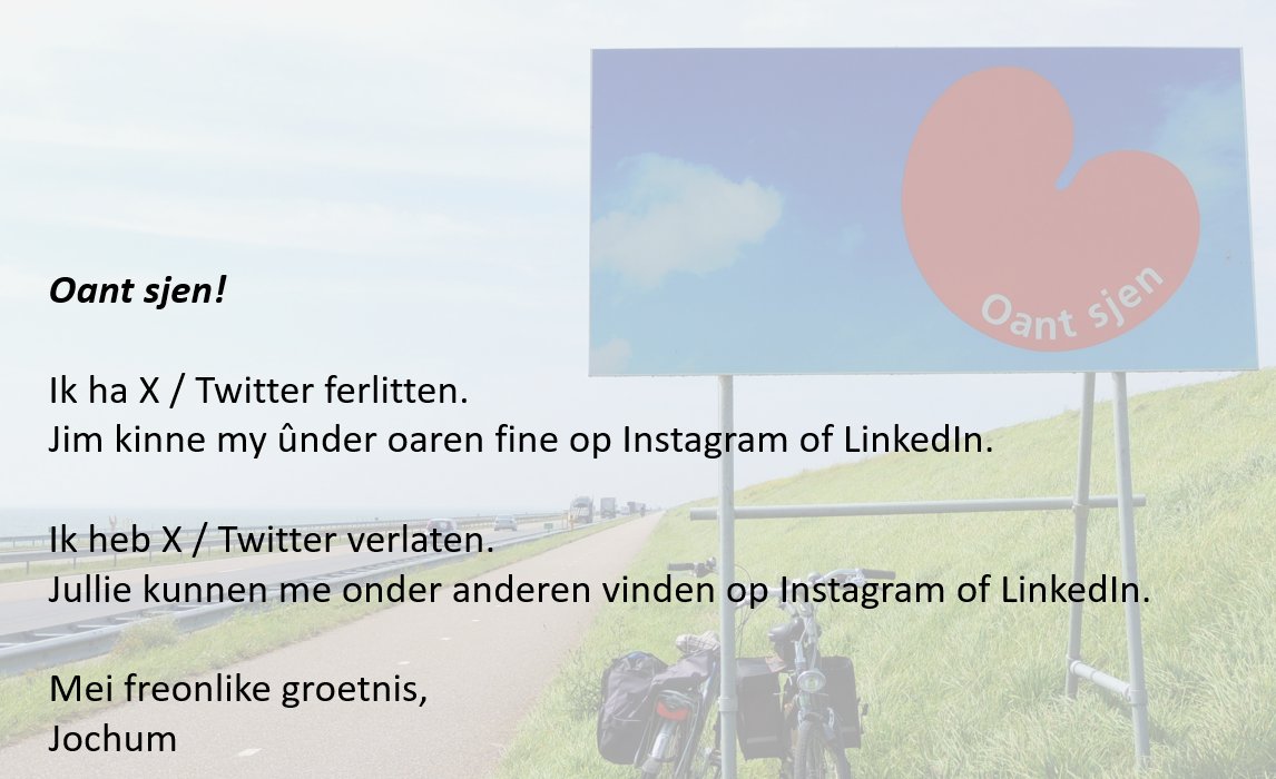 Oant sjen. Ik sjoch net langer op Twitter en sil meikoarten mooglik myn akkount ferwiderje. Jim kinne my noch wol fine op instagr.am/jochummeester of linkedin.com/in/jochummeest… of facebook.com/jochummeester.