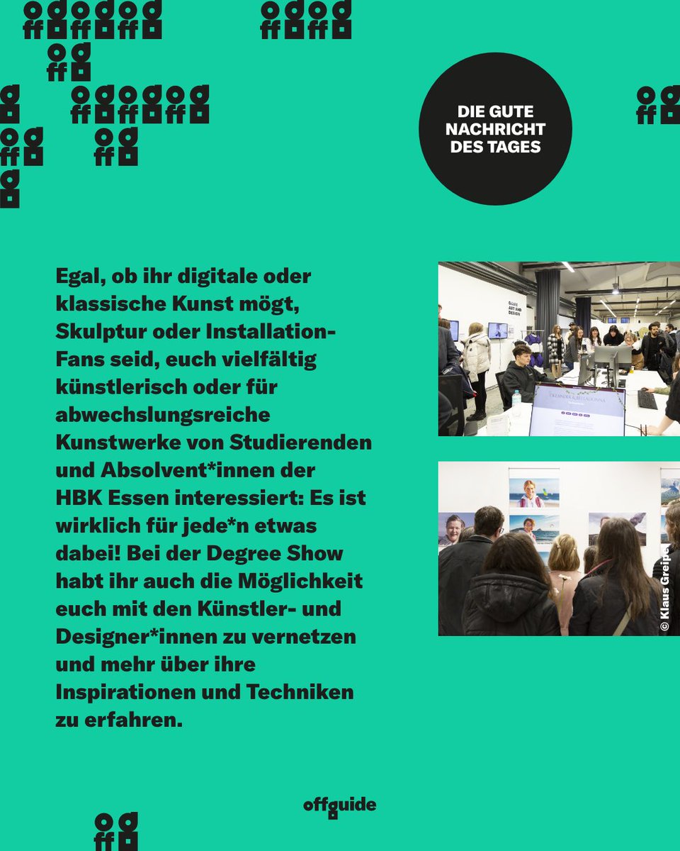offguide's tweet image. Bei der Degree Show in der HBK Essen könnt ihr Abschlussarbeiten aus Kunst und Design auf ganz neue Art und Weise kennenlernen. Die Vernissage findet am 21. März von 18 bis 22 Uhr mit der Performance »Knistern« von Selina Scholinakis statt.
#hbkessen #ausstellung #offguide