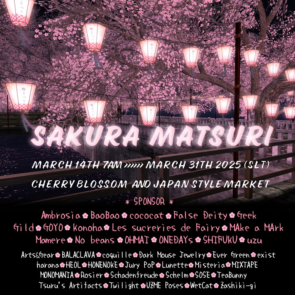 OPEN🌸Sakura Matsuri🌸

We hope you enjoy a wonderful time surrounded by the beauty of the cherry blossoms<3
Please stay with us until the close❤

さくらまつり開幕致しました🌸
満開の桜と共に、楽しいひとときをお過ごしください
宜しくお願い致します♥

maps.secondlife.com/secondlife/Ryu…
