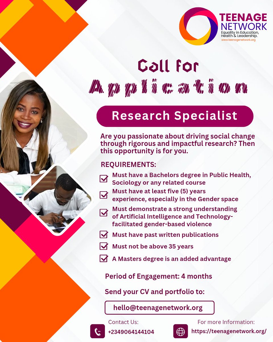 Teen_ageNetwork's tweet photo. Opportunity alert📣

Teenage Network is seeking a highly motivated and skilled Research Specialist to join our team.

If you are qualified, do apply. Please submit your CV, cover letter, and writing samples to:
hello@teenagenetwork.org

#TeenageNetwork
#ResearchSpecialist
#TFGBV https://t.co/FPaPM34cLz