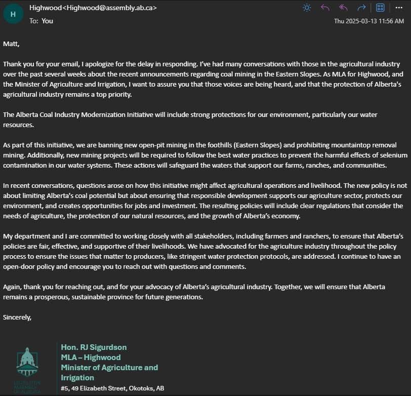 Below is Alberta Agriculture &amp; Irrigation Minister’s response to concerns about Selenium contamination of river &amp; irrigation water by proposed coal mining in the Eastern slopes. Clearly he does not have a clue about potential problems &amp; isn’t concerned about irrigation farmers.