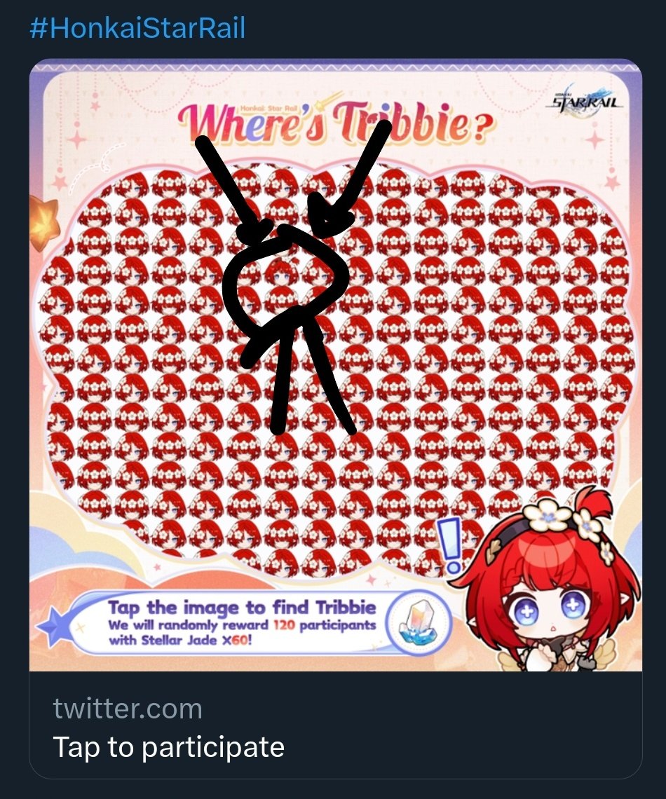 Hailey97Quinz's tweet photo. #WhereIsTribbie
Tribbie is right here ↓

(Please attach a screenshot marking Tribbie's location in this post)

#Tribbie PICKUP is now in progress!
Gift from Tribbie: [WHEREISTRIBBIE]
Go to Redeem: https://t.co/oTKX6JVjhA
https://t.co/SEWR6s0ZsH
#HonkaiStarRail @honkaistarrail https://t.co/KRlWqKyQew