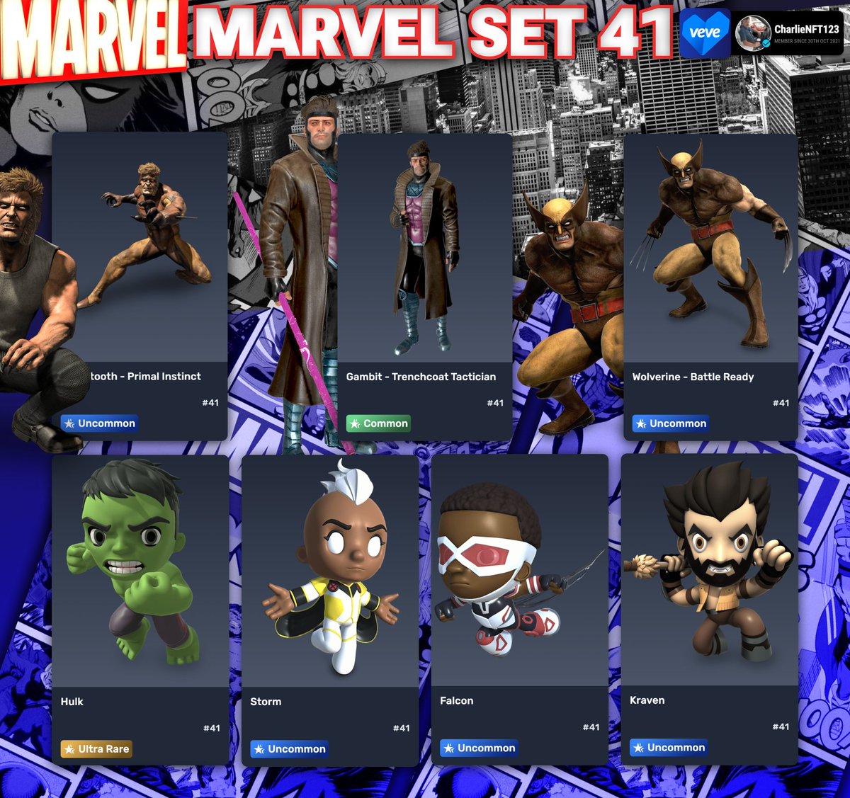 🔥 Marvel Set 41: First-Ever Public Mint! 🔥

Unleash the legends with the Marvel Set 41! 🦸‍♂️ Featuring iconic heroes and villains like Wolverine, Hulk, Storm, and Gambit—this collection marks the first public mint for Marvel fans on VeVe! 🌟

Grab your piece of history today! 💥
