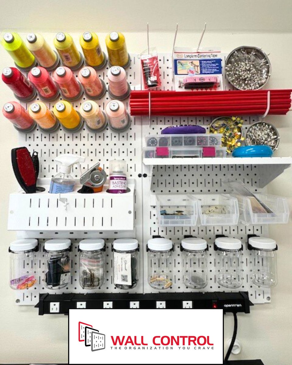 Transform your creative space with this sleek and functional Wall Control metal pegboard system! Keep your sewing threads, tools, crafting essentials, and accessories neatly organized and beautifully displayed like Amber. This durable, customizable storage solution makes every