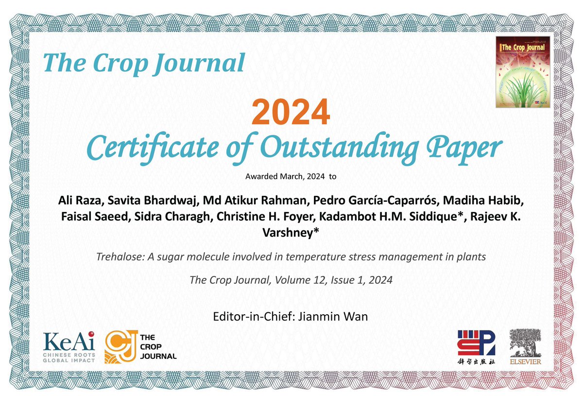 Savita Bhardwaj (@savitab78112443) on Twitter photo Happy to share that our paper “Trehalose: A #sugar molecule involved in #temperature stress management in #plants🌿” has been awarded the #outstanding paper of 2024 in #TheCropJ🌱.
<a href="/Ale_Raza6/">Ali Raza</a>, <a href="/atikurbt/">Atikur Rahman</a>, <a href="/rajvarshney/">Rajeev Varshney FRS</a>, <a href="/KadambotS/">Kadambot Siddique</a>, <a href="/SiDDMaliCk/">Sidra Charagh</a>
doi.org/10.1016/j.cj.2… Happy to share that our paper “Trehalose: A #sugar molecule involved in #temperature stress management in #plants🌿” has been awarded the #outstanding paper of 2024 in #TheCropJ🌱.
<a href="/Ale_Raza6/">Ali Raza</a>, <a href="/atikurbt/">Atikur Rahman</a>, <a href="/rajvarshney/">Rajeev Varshney FRS</a>, <a href="/KadambotS/">Kadambot Siddique</a>, <a href="/SiDDMaliCk/">Sidra Charagh</a>
doi.org/10.1016/j.cj.2…