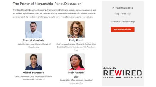 Digital Health Rewired (@dhrewired) on Twitter photo Hear success stories from the NHS Digital Health Networks Mentorship Programme at #Rewired25
With <a href="/EMAHPInfo/">Euan McComiskie</a>, <a href="/thecsp/">Chartered Society of Physiotherapy (CSP)</a>, <a href="/elmorose84/">Emily Burch 💙</a>, <a href="/NELFT/">North East London NHS Foundation Trust (NELFT)</a>, Misbah Mahmood, <a href="/ActAsOneBDC/">Bradford District Craven Health & Care Partnership</a>
Register: digitalhealthrewired.com/register/ Hear success stories from the NHS Digital Health Networks Mentorship Programme at #Rewired25
With <a href="/EMAHPInfo/">Euan McComiskie</a>, <a href="/thecsp/">Chartered Society of Physiotherapy (CSP)</a>, <a href="/elmorose84/">Emily Burch 💙</a>, <a href="/NELFT/">North East London NHS Foundation Trust (NELFT)</a>, Misbah Mahmood, <a href="/ActAsOneBDC/">Bradford District Craven Health & Care Partnership</a>
Register: digitalhealthrewired.com/register/