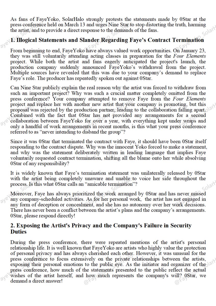 FY_SolarHalo_CN's tweet photo. Given that 0Star’s press conference yesterday inhumanely dragged innocent artists into the public controversy, used their privacy as a gimmick to attract media attention, and discredited the long-term efforts of fans by portraying them as detrimental to the artists’ careers, shifting the conflict onto the artists and causing them secondary harm, Halo cannot stand idly by.

We have carefully compiled and refuted the false claims made by 0Star during the press conference and hope to present the truth to everyone through this official statement. Please help spread the word and use this article to counter misinformation and clarify the facts.
The whole industry should beware of such malicious companies.

NINESTAR IS LYING
#FansAreNotFools