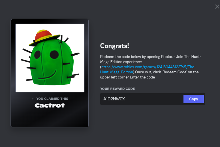 CaptainYN123's tweet photo. #TheHunt #Hunt #Roblox This is my code for the Cactrot hat, I'm not sure but maybe only one person can get it. FOLLOW FOR MORE HUNT CONTENT https://t.co/VPeQUWP5oB