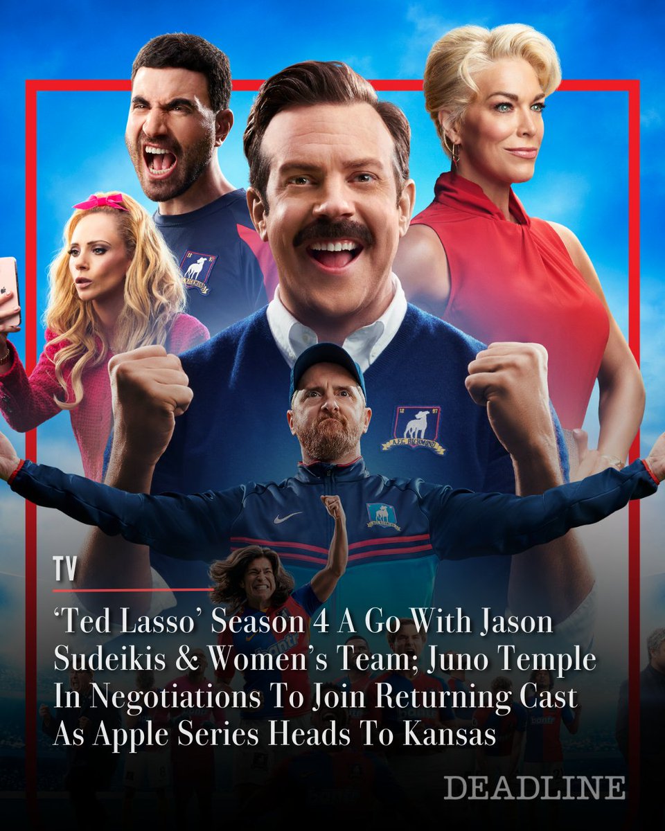 DEADLINE's tweet photo. You better BELIEVE it: #TedLasso is officially back as Apple TV+ has greenlighted a fourth season of its flagship comedy series. Jason Sudeikis is set to return as star and executive producer with his beloved Coach Ted Lasso character taking on a women’s team.

According to sources, Juno Temple, who played Keeley in the first three seasons, is in negotiations to rejoin fellow original cast members Sudeikis as well as Hannah Waddingham (Rebecca), Brett Goldstein (Roy) and Jeremy Swift (Leslie) who were locked in for the new installment back in August

More details here: https://t.co/DcAruEaBah