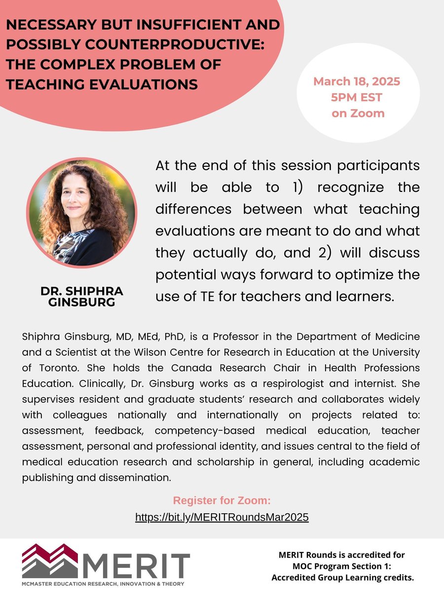 McMaster Education Research, Innovation & Theory (@merit_mcmaster) on Twitter photo Reminder that the March 2025 <a href="/MERIT_McMaster/">McMaster Education Research, Innovation & Theory</a> Rounds with Dr. Shiphra Ginsburg will take place on Zoom on March 18th, 5PM! Join us to learn about the complex problem of teaching evaluations. Make sure you secure your spot here: bit.ly/MERITRoundsMar… Reminder that the March 2025 <a href="/MERIT_McMaster/">McMaster Education Research, Innovation & Theory</a> Rounds with Dr. Shiphra Ginsburg will take place on Zoom on March 18th, 5PM! Join us to learn about the complex problem of teaching evaluations. Make sure you secure your spot here: bit.ly/MERITRoundsMar…