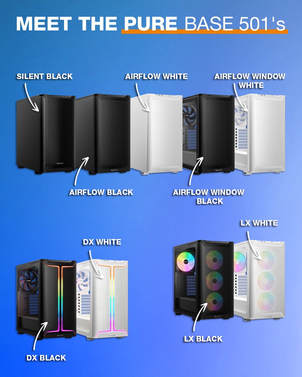 bequietofficial's tweet image. ⬛ One case – endless possibilities!

The Pure Base 501 series is all about versatility. 

✨ NEW! Pure Base 501 LX 
🖤 NEW! Pure Base 501 DX

Which one fits your build best? Explore all options here: 🔗
bequiet.com/en/case/pure-b…

#PureBase501 #PureBase501LX #PureBase501DX #PCcase
