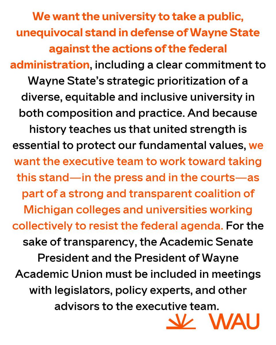 WAU6075's tweet photo. These are the five asks in our petition. Read the entire petition at: https://t.co/43ftao7k6e [https://t.co/wwdN9gBsyf]

#solidarity #higheredlaborunited #handsoffresearch #handsoffstudents #detroit #waynestate #labor https://t.co/VX0Wf32IxG