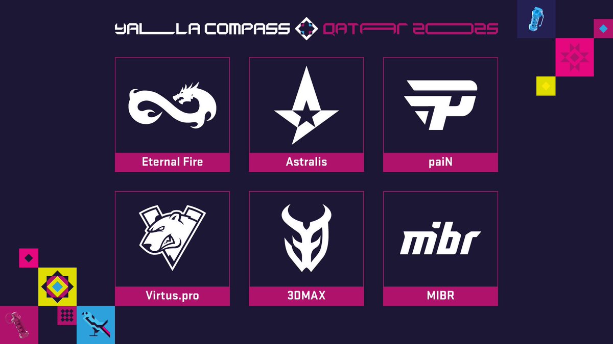 YaLLa Compass (@yallacompass) on Twitter photo YALLA COMPASS QATAR 2025 🧭
Welcome to our main event our first invited teams
• <a href="/eternalfiregg/">Eternal Fire</a> 🇹🇷
• <a href="/virtuspro/">Virtus.pro</a> 🇷🇺
• <a href="/3DMAXGaming/">Team 3DMAX</a> 🇫🇷
• <a href="/AstralisCS/">Astralis Counter-Strike</a> 🇩🇰
• <a href="/paiNGamingBR/">paiN Gaming</a> 🇧🇷
• <a href="/MIBR/">MADE IN BRAZIL.</a> 🇧🇷
For all the latest updates, read more: yallacompass.com/qatar2025/invi… YALLA COMPASS QATAR 2025 🧭
Welcome to our main event our first invited teams
• <a href="/eternalfiregg/">Eternal Fire</a> 🇹🇷
• <a href="/virtuspro/">Virtus.pro</a> 🇷🇺
• <a href="/3DMAXGaming/">Team 3DMAX</a> 🇫🇷
• <a href="/AstralisCS/">Astralis Counter-Strike</a> 🇩🇰
• <a href="/paiNGamingBR/">paiN Gaming</a> 🇧🇷
• <a href="/MIBR/">MADE IN BRAZIL.</a> 🇧🇷
For all the latest updates, read more: yallacompass.com/qatar2025/invi…