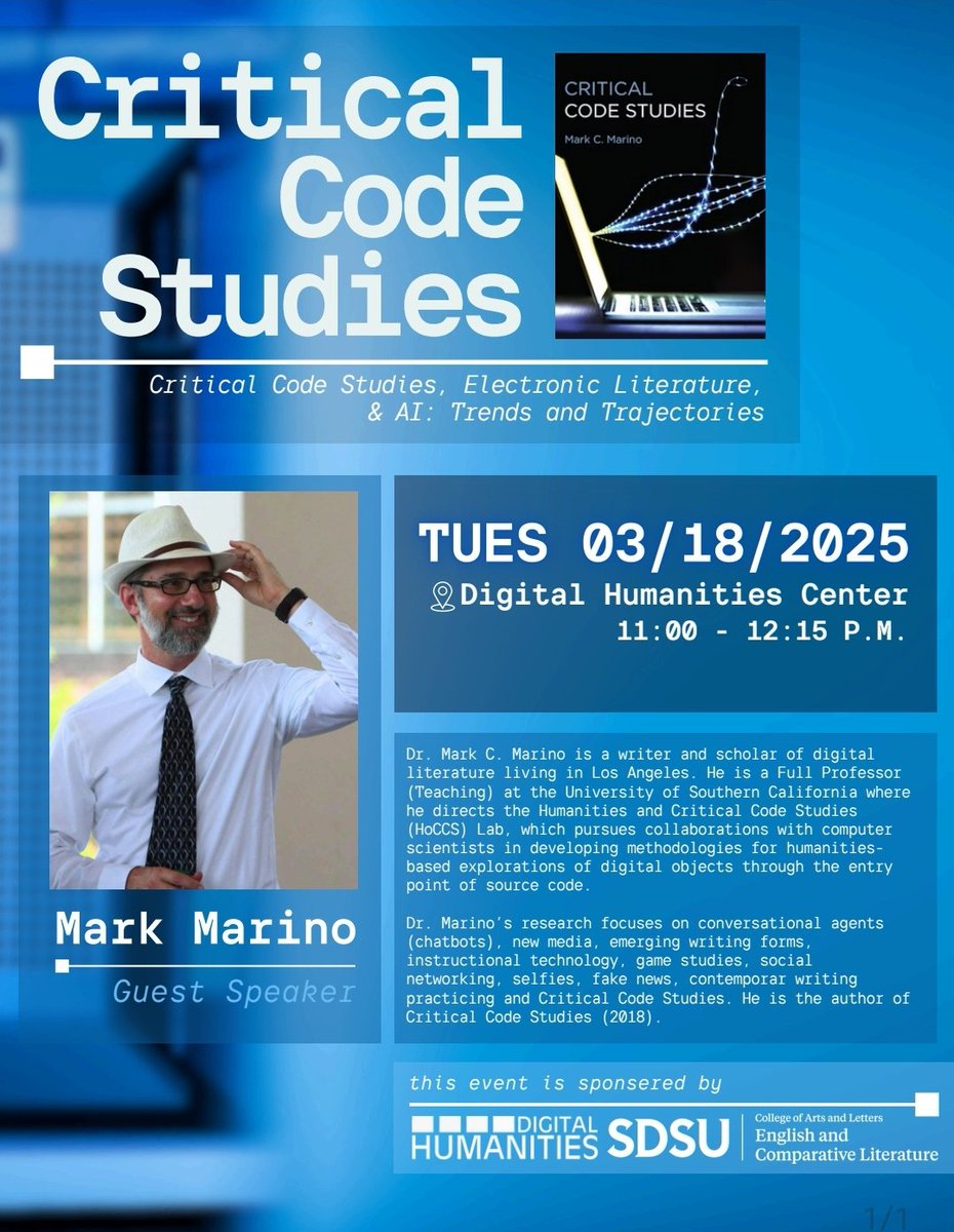 markcmarino's tweet photo. Can't wait to visit SDSU Tueday and give a talk on Critical Code Studies and AI! 

#critcode @DHatSDSU
@HaCCS https://t.co/kUNLNhE4Lu