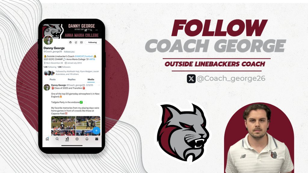 AMCAT Football (@amcat_football) on Twitter photo Outside Linebackers Coach <a href="/Coach_george26/">Danny George</a> ‼️
Coach George is a Former Graduate from Anna Maria College and entering his first year as our Outside Linebackers Coach!
#TheNewStandard
#FollowFriday
Disciplined • ALL IN • Competitors Outside Linebackers Coach <a href="/Coach_george26/">Danny George</a> ‼️
Coach George is a Former Graduate from Anna Maria College and entering his first year as our Outside Linebackers Coach!
#TheNewStandard
#FollowFriday
Disciplined • ALL IN • Competitors